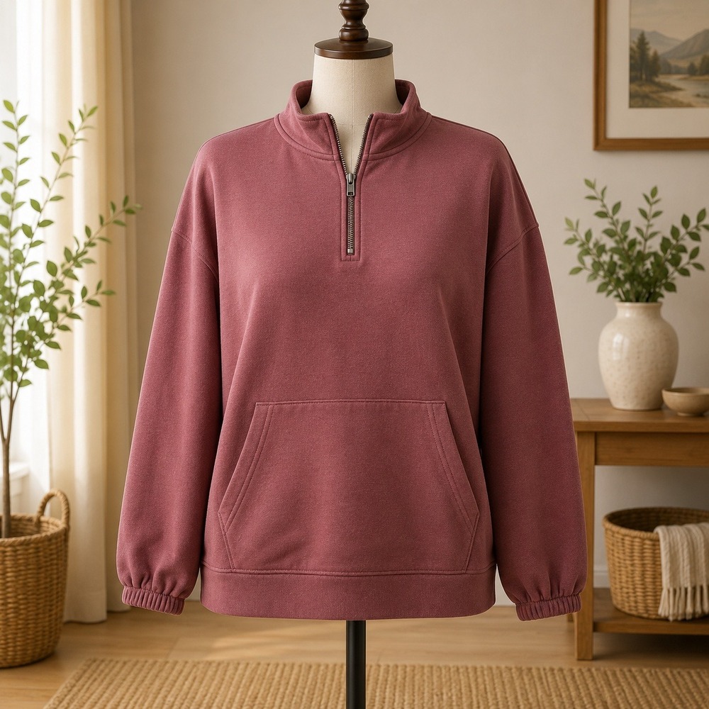 NWT Berkshire Homewear Quarter Zip Sweatshirt Womens 3X Burgundy Ribbed Pocket